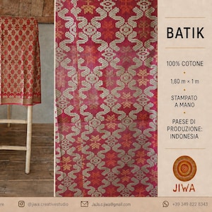 Peut inclure: Un tissu batik imprimé à la main en rouge et beige avec un motif géométrique répétitif. Le textile est en 100% coton et mesure 1,80 m sur 1 m. Le produit est étiqueté Batik, imprimé à la main, et provient d'Indonésie par Jiwa.