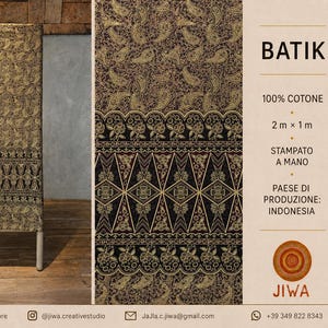 May include: A rectangular piece of hand-printed batik fabric featuring a dark brown and gold paisley pattern with floral and geometric borders. The fabric measures 2m by 1m and is made of 100% cotton. The text on the image includes BATIK, 100% COTTON, 2m x 1m, HAND-PRINTED, COUNTRY OF ORIGIN: INDONESIA, and JIWA.