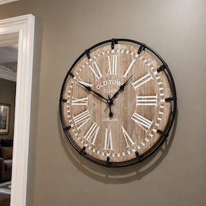 24 Inch Farmhouse Wood Metal Clock, Rustic Roman Numeral Wall Décor