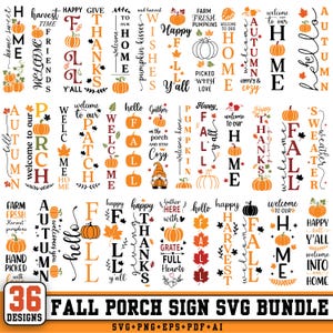 以下が含まれることがあります： 秋のテーマ、カボチャ、葉、そして「Happy Fall」、「Welcome Home」、「Give Thanks」などの季節のフレーズを、さまざまなフォント、色、レイアウトでデザインした、36種類の縦型ポーチサインデザインのデジタルコレクション。