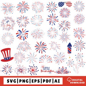 Könnte beinhalten: Eine Sammlung von rot-weiß-blauen Feuerwerksillustrationen, darunter ein Zylinder, eine Sonnenbrille und eine Rakete. Der Text umfasst 4th July und Little Firecracker. Das untere Banner zeigt SVG, PNG, EPS, PDF, AI und Digital Download.