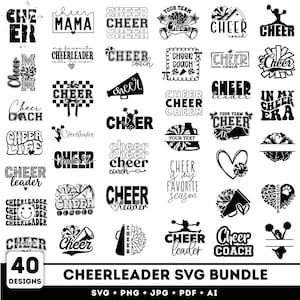 May include: A collection of 40 black and white digital graphic designs featuring cheerleading themes. The artwork includes various typography styles, megaphone icons, pom-poms, and silhouettes of cheerleaders, with phrases like Cheer Mama, Cheer Coach, and In My Cheer Era.