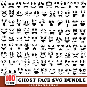 Könnte beinhalten: Eine Sammlung von 100 schwarzen Geistergesichtern mit verschiedenen Ausdrücken, darunter fröhliche, traurige, überraschte und gruselige Gesichter. Das Set enthält den Text 100 DESIGNS GHOST FACE SVG BUNDLE SVG+PNG+EPS+PDF+AI unten.