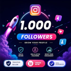Może przedstawiać: Grafika cyfrowa przedstawiająca startującą rakietę na ciemnym tle z napisem 1.000 FOLLOWERS, GROW YOUR PROFILE, SAFE & SECURE, REAL & ACTIVE FOLLOWERS, BOOST YOUR ENGAGEMENT, TRUSTED SELLER, ORDER NOW oraz 100% GUARANTEE.