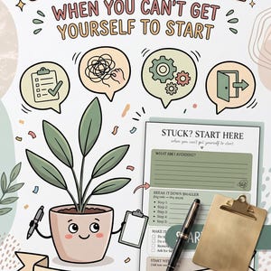 May include: A motivational poster with the text "STUCK? START HERE" and "YOUR FIRST SMALL STEP." It features a cartoon plant, a clipboard, and a pen. The poster is designed to encourage taking the first step. The measurements are in centimeters.
