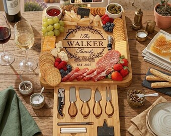 Bamboo Charcuterie Board Set with Bowls & Utensils – Engraved Cheese Serving Board