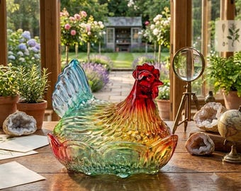 Vintage Hen Glass Candy Jar – Red Multicolor Chicken Kitchen Decor Storage Container