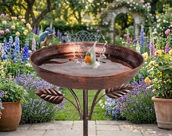 Bronze Metal Bird Bath with Leaf Design – Rustic Garden Wildlife Feeder
