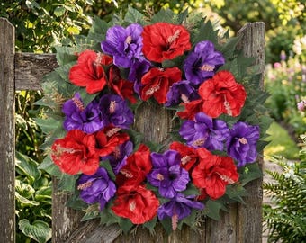 17.7" Summer Hibiscus Wreath – Purple & Red UV Resistant Front Door Decor