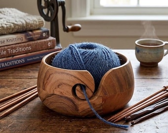Handmade Acacia Wood Yarn Bowl – Crochet & Knitting Organizer Gift