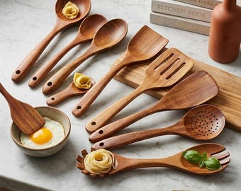 Teak Wood Cooking Utensil Set – 10-Piece Natural Spatulas & Spoons for Nonstick Cookware
