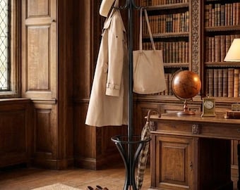 Solid Wood Coat Rack – Freestanding Hat Stand with Rotating Hooks & Umbrella Holder