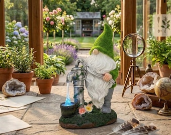 Solar Garden Gnome Statue Set with LED Lights – Flocked Green Outdoor Yard & Garden Decor