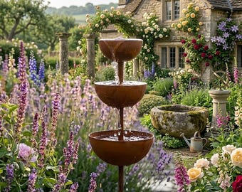 Rust Patina Rain Catcher Garden Stake – Metal Pollinator Water Bowl Outdoor Yard & Garden Decor