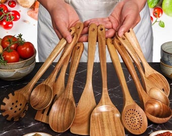 10-Piece Wooden Kitchen Utensil Set | Handmade Cooking, Mixing & Serving Tools | Gift for Home Chefs