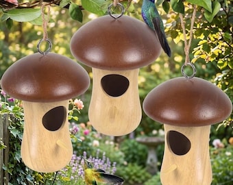 Wood Mushroom Bird Houses Set | Hanging Hummingbird Nesting Decor for Garden