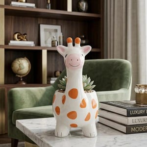 Ceramic Giraffe Planter Pot – Animal Succulent Holder, Nursery Decor, White with Orange Spots