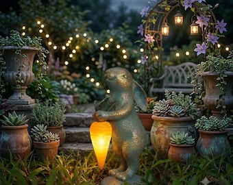Bunny Garden Statue with Lantern | Outdoor Resin Rabbit Light Decor | Patio & Lawn Night Light Ornament