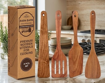 Teak Wood Spatula Set – 4-Piece Natural Cooking Utensils for Nonstick Cookware