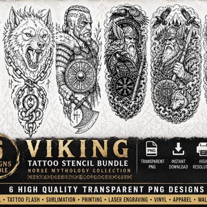 Puede incluir: Un conjunto de plantillas de tatuajes vikingos en blanco y negro con seis diseños. Los diseños incluyen ilustraciones de guerreros vikingos, un lobo y barcos vikingos. El texto dice "6 Viking Tattoo Stencil Bundle" y "Norse Mythology Collection."