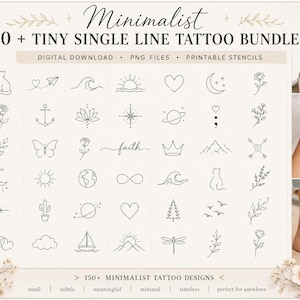 May include: A digital download bundle featuring over 150 tiny single line tattoo designs in black ink on a light background. The collection includes icons of cats, hearts, flowers, celestial bodies, mountains, and the word faith in script.