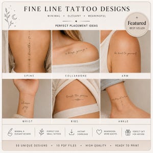 May include: A digital collection of fine line tattoo designs featuring text phrases like breathe, keep going, be kind to yourself, choose joy, trust the process, and one day at a time. The layout displays placement examples on the spine, collarbone, arm, wrist, ribs, and ankle.