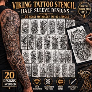 May include: Digital Viking tattoo stencil designs for half sleeves. The image shows 20 Norse mythology tattoo stencils, including a wolf, a Viking, and other designs. The image also includes the text "Digital Download Only."