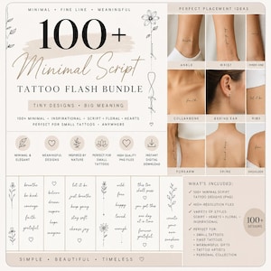Minimalistiskt skripttatueringspaket | 100+ små fina linjetatueringsdesigner PNG inspirerande citat, hjärtan, blommiga tatueringar digital nedladdning