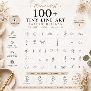 Puede incluir: Una colección digital de más de 100 diseños de tatuajes de arte lineal pequeño con símbolos como soles, lunas, flores, mariposas, corazones y formas geométricas en una cuadrícula, con el texto 100+ TINY LINE ART TATTOO DESIGNS.