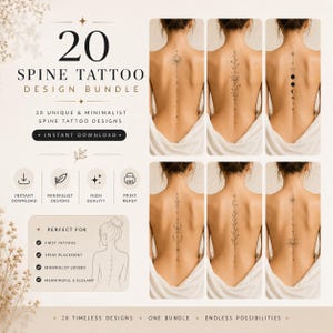 Peut inclure: Un ensemble numérique comprenant 20 modèles de tatouage pour la colonne vertébrale, présentés sous forme de dessins au trait noir sur le dos de personnes. Le texte inclut 20 SPINE TATTOO DESIGN BUNDLE, INSTANT DOWNLOAD et des caractéristiques.