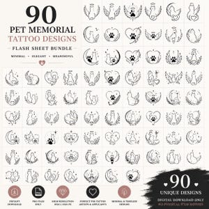 Könnte beinhalten: Eine Sammlung von 90 Tattoo-Designs für Haustier-Gedenkstätten in einem Flash-Sheet-Bundle. Die Designs sind minimalistisch und elegant und zeigen Katzen, Pfotenabdrücke, Flügel und Herzen. Der Text enthält "Pet Memorial Tattoo Designs".