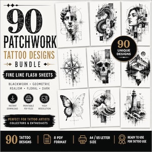 May include: A digital bundle of 90 patchwork tattoo designs featuring fine line flash sheets. The collection includes blackwork, geometric, floral, and dark imagery such as a statue, dragon, skull, compass, butterfly, and lighthouse in a PDF format.