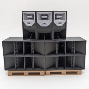 Op de afbeelding: Een stapel van zes donkergrijze rechthoekige luidsprekerkasten in twee rijen, bekroond met drie kleinere grijze hoornluidsprekers. Het geheel staat op twee lichtbruine miniatuur houten pallets voor transport.