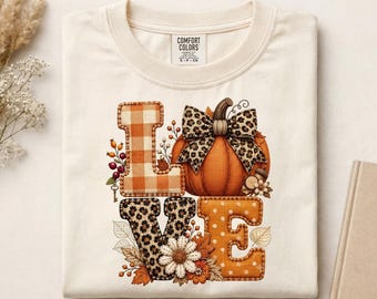 Faux Yarn Floral Love DTF, Fall Season DTF, Leopard Checkered Love Fall Shirt Print, Coquette Pumpkin DTF Print, Cozy Autumn Ready to Press