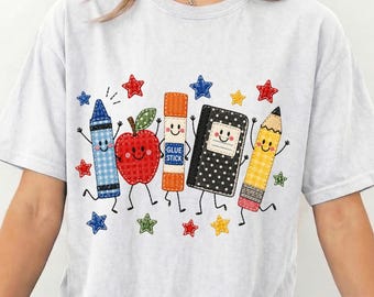 Back to School DTF, Cute School Supplies Shirt Print, Crayon Apple Pencil Notebook Ready to Press, Preppy Teacher DTF Print