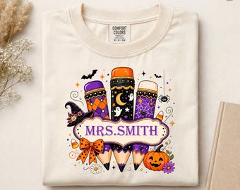 Custom Name Pencil Halloween DTF, Personalized Spooky Back to School DTF, Custom Ghost Teacher Shirt Print, Custom Witch Teacher DTF Print