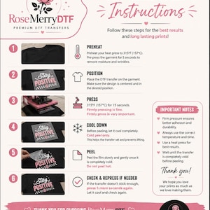 May include: An instructional infographic for RoseMerryDTF transfers featuring six numbered steps for applying designs to garments. It includes icons for preheating, positioning, pressing at 315&deg;F, cooling, peeling, and checking the final print.