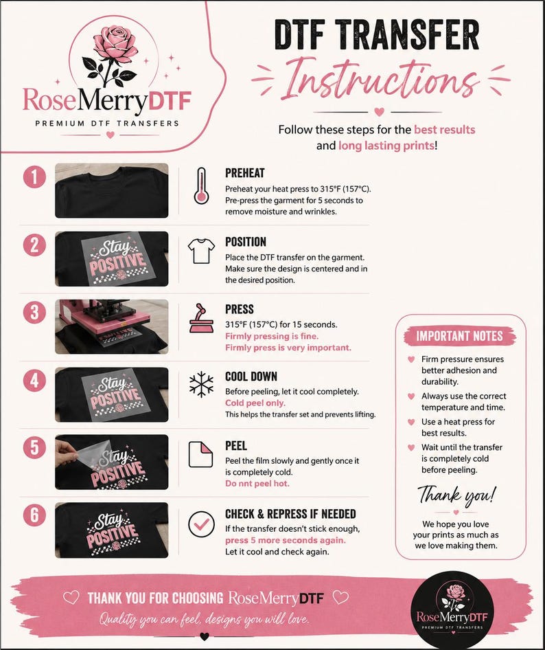 May include: An instructional infographic for RoseMerryDTF transfers featuring six numbered steps for applying designs to garments. It includes icons for preheating, positioning, pressing at 315&deg;F, cooling, peeling, and checking the final print.