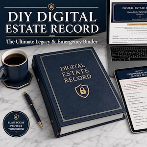 Może przedstawiać: Granatowy segregator z napisem "DIY DIGITAL ESTATE RECORD" ze złotymi literami i złotą ikoną tarczy. Laptop i tablet wyświetlają cyfrowe przewodniki. Na marmurowej powierzchni znajdują się również filiżanka kawy i długopis. Tekst brzmi "Zaplanuj dziś, chroń jutro."