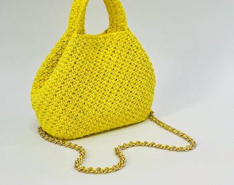 Handmade Yellow Crochet Tote Bag, Egyptian Cotton Shoulder Bag, Summer Purse
