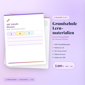 May include: A stack of educational workbooks with the title "Grundschule Lernmaterialien" and "ABC Schreibübungen". The workbooks are white with colorful accents and include exercises for reading, math, and writing. The price is 7.90 euros.