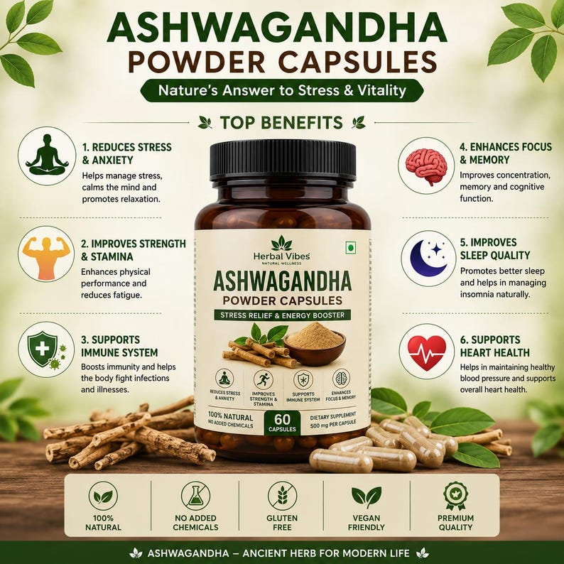 Ashwagandha Capsules 100 Count | Natural Ayurvedic Herbal Supplement | Stress Support | Wellness & Daily Health Care | Made in India