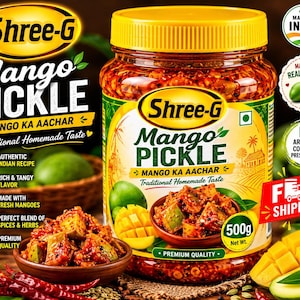 Könnte beinhalten: Ein 500g Kunststoffglas mit Shree-G Mango Pickle und einem gelben Deckel. Das Etikett zeigt den Text Mango Pickle, Mango Ka Aachar und Traditional Homemade Taste. Es sind Bilder von gehackten Mangos, roten Chilischoten und einer Schale eingelegtem Gemüse zu sehen.