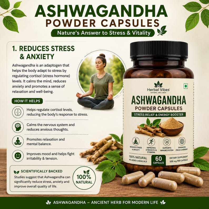 Ashwagandha Capsules 100 Count | Natural Ayurvedic Herbal Supplement | Stress Support | Wellness & Daily Health Care | Made in India