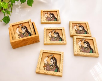Handmade Wooden Coasters, Indian Miniature Art, Hand Painted Table Decor Set