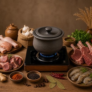 May include: A dark gray ceramic pot with a lid sits on a black portable gas stove with a blue flame. Surrounding the stove are raw chicken drumsticks, lamb chops, shrimp, garlic, ginger, red chili peppers, spices, and fresh herbs on a wooden surface.
