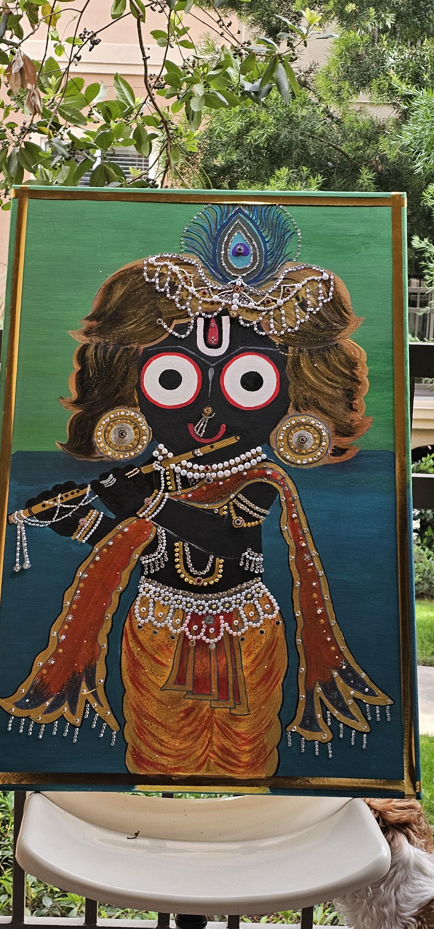 Hand-Painted Lord Jagannath Krishna Flute Canvas Art: Mixed Media Embellished Acrylic Painting
