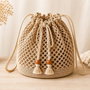 Crochet Drawstring Market Bag Pattern PDF, Beginner Mesh Bag Pattern, Boho Crochet Bucket Bag, Instant Download