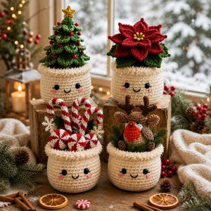 May include: Four crocheted cream-coloured pots with embroidered smiling faces. One holds a green Christmas tree with a yellow star, one a red poinsettia, one red and white candy canes and peppermint sweets, and one a brown reindeer figure.