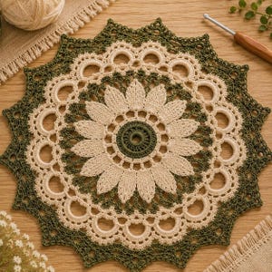 May include: A handmade crochet doily in a floral design. The doily features a central flower with cream-colored petals and a dark green center. The outer edge is dark green, with cream-colored circular accents. The doily is on a wooden surface.